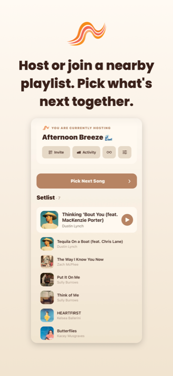 Host or join a nearby playlist. Pick what's next together.
